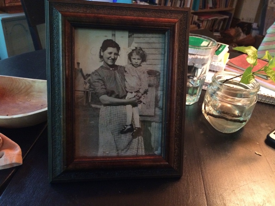 Photo of April Stone's great-grandmother, Margaret, and Martha Conners with basket in background. 
