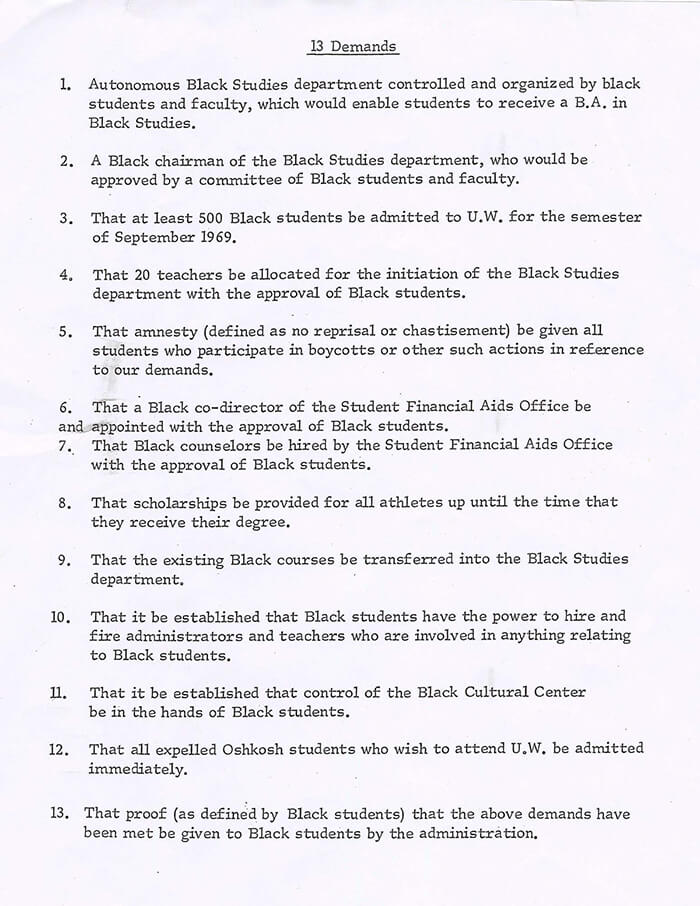 The 13 Demands (UW-Madison Archives)