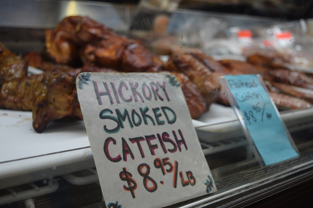 Mike Valley's smoked fish for sale. (Mary Kate McCoy/WPR)