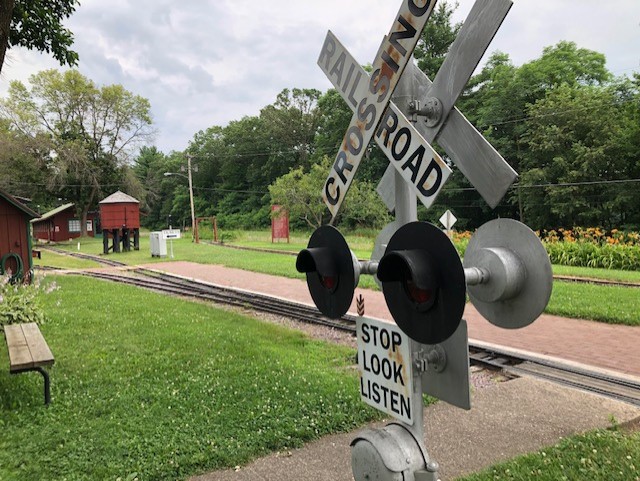 Railroad crossing sign at the Riverside & Great Northern Railway. (Courtney Everett/WPR)