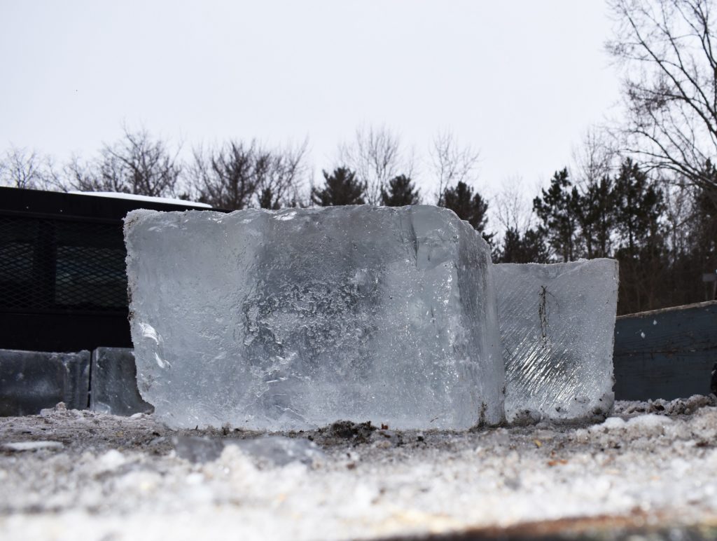 Blocks of ice sit in the back of a truck as volunteers unload them into the Historic Point Basse icehouse, January 26, 2020. The blocks weigh about 60 pounds each. (Rob Mentzer/WPR)