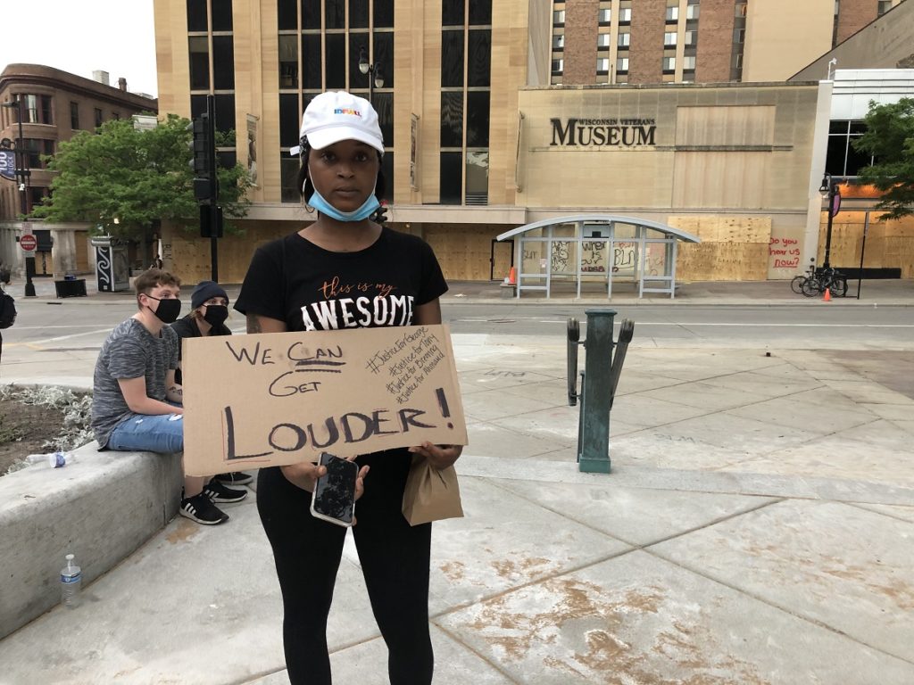 Taneshia Jackson attended the Capitol demonstration on June 2, 2020 with friends and used social media to encourage others to come down. (Maureen McCollum/WPR)