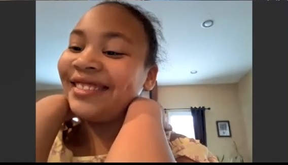 Briah, a Madison Country Day School third grade student, talks from her kitchen, where she's been doing her schoolwork. (Zoom Screen Shot)