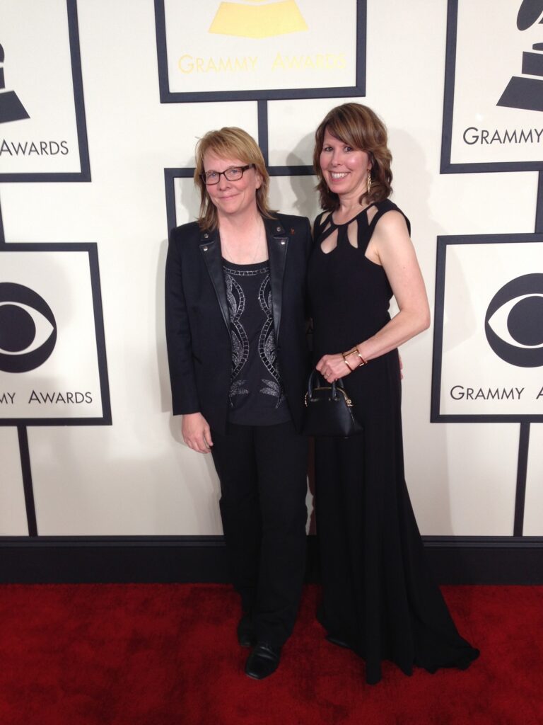 Cheryl Pawelski and her wife, Audrey Bilger, on the Grammy Awards red carpet. (Courtesy of Cheryl Pawelski)