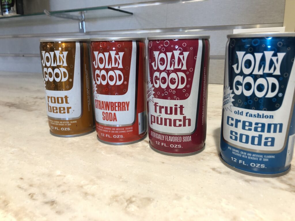 A set of vintage Jolly Good cans at the Krier Foods offices in Random Lake, Wis. (Rachael Vasquez/WPR)